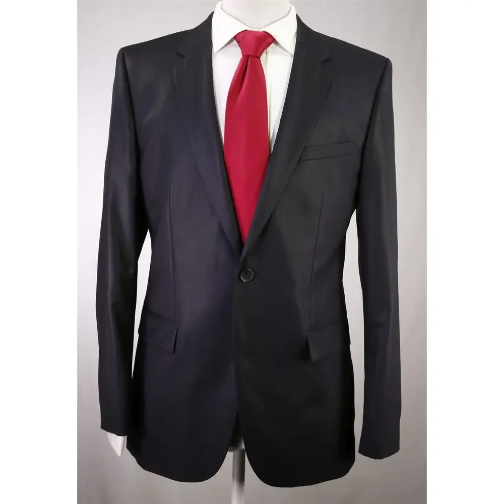 Hugo Boss Red Label Black Sharkskin Shiny Wool 2-Btn Slim Fit Suit 40L